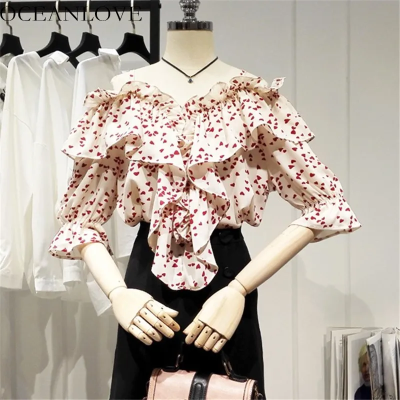 Женская шифоновая блузка в горошек с оборками и вырезом лодочкой топ открытыми