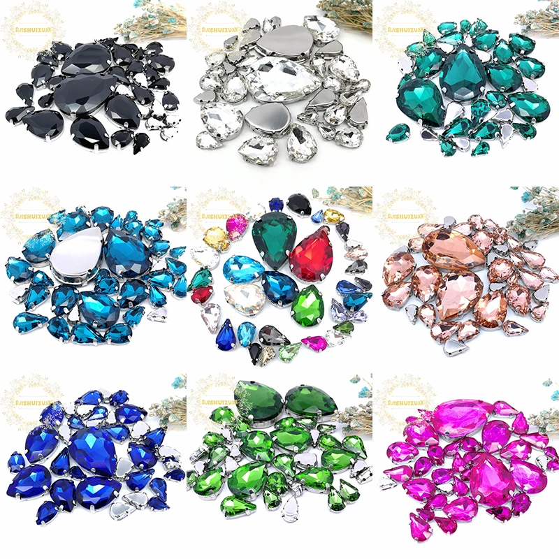 

30PCS 22 Colors Mix Drop Shape Size Glass Crystal Sew on Rhinestones with Silvery Claw Diy Wedding Dress /Clothing Accessories