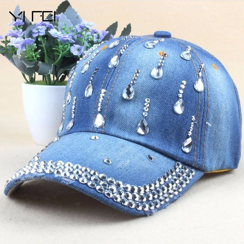 New Denim Hip Hop Caps Fashion Leisure Woman Cap With Water Drop Rhinestones Vintage Jean Cotton Baseball Caps For Men Hot Sale