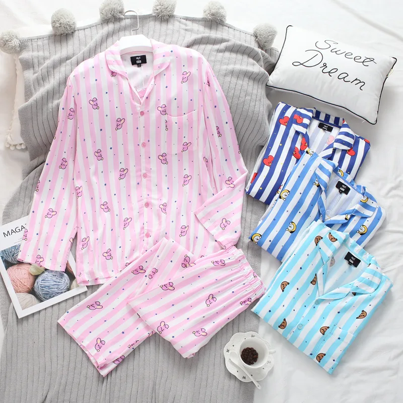 Korean BT21 Cartoon Version V Suga Same Harajuku Pajamas Kpop Home For BTS Bangtan Boys Long Sleeve Shirt Men Women PJ Costume | Женская