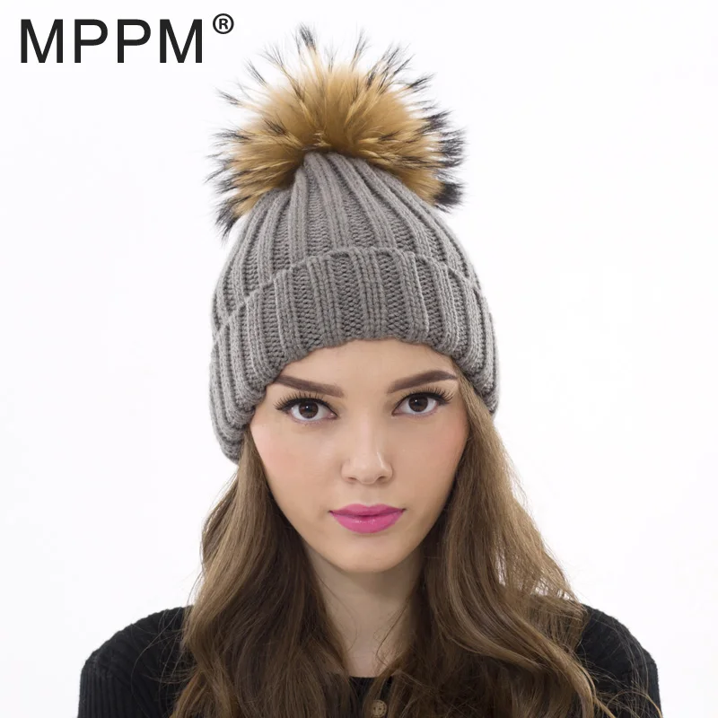 MPPM шапка из натурального меха вязаная с помпоном енота женская зимняя шерстяная