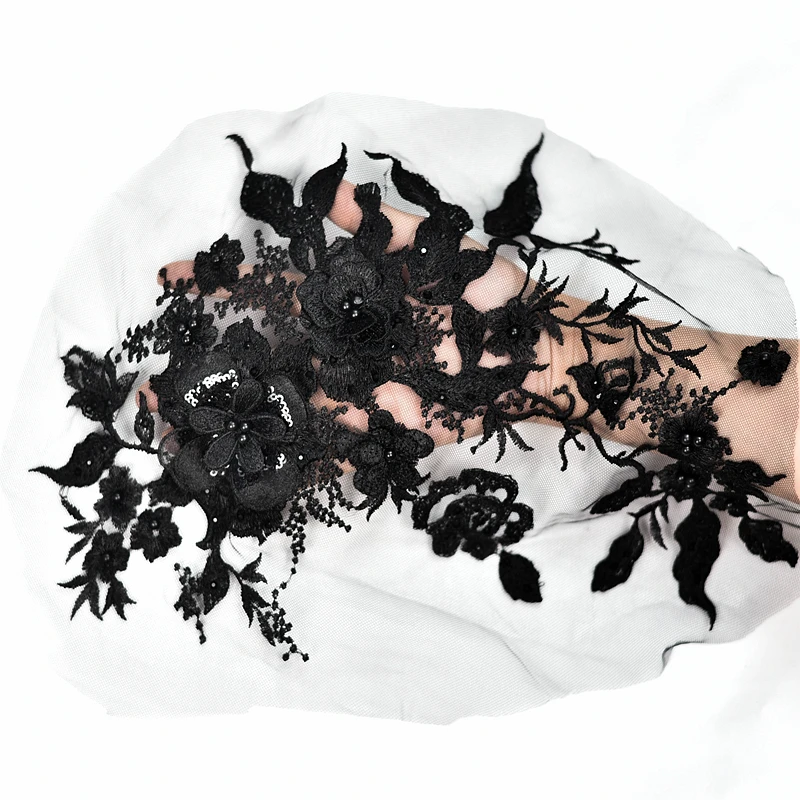 black 3D Beaded Flower Lace Applique 35cm x28cm Embroidered Bridal for Dance Costumes Gown Hem Accessories | Дом и сад