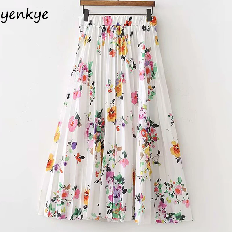 Boho летние юбки женские милые цветочные печатные юбка в складку Женская эластичная миди-юбка с высокой талией XDWM1288