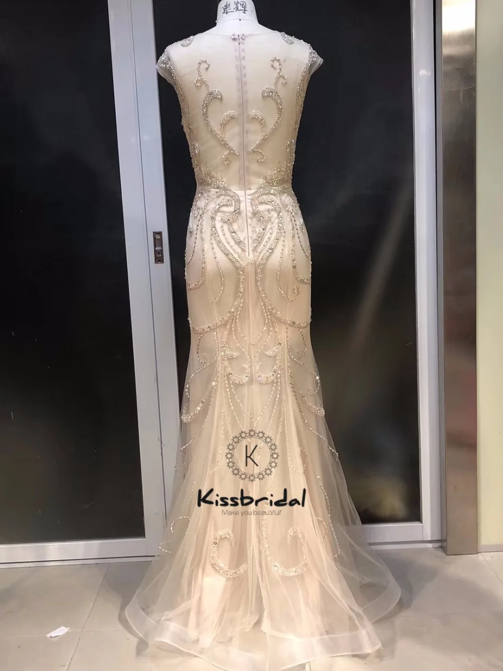 New Gorgeous Mermaid Evening Long Dresses 2020 Beading Sleeveless Tulle  Champagne Prom Gown