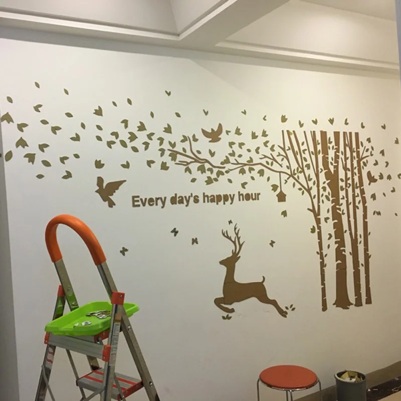 Дерево и бегущий Олень Дизайн Акриловые наклейки на стену DIY для ТВ фон офисные