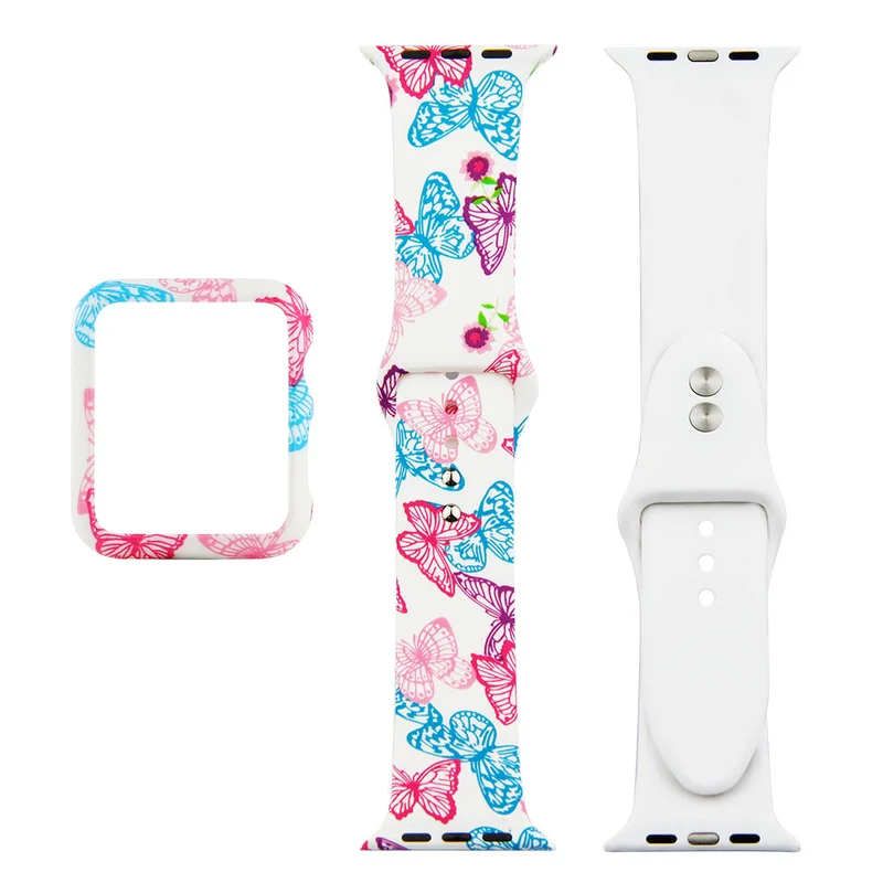 Силиконовый ремешок с цветочным принтом + чехол для Apple Watch Band 42 мм 38 44 40 браслет