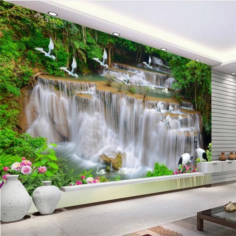 

beibehang Custom 3d Wall paper Mural Bedroom Living Room Waterfall River Forest White Crane wallpaper background home decor