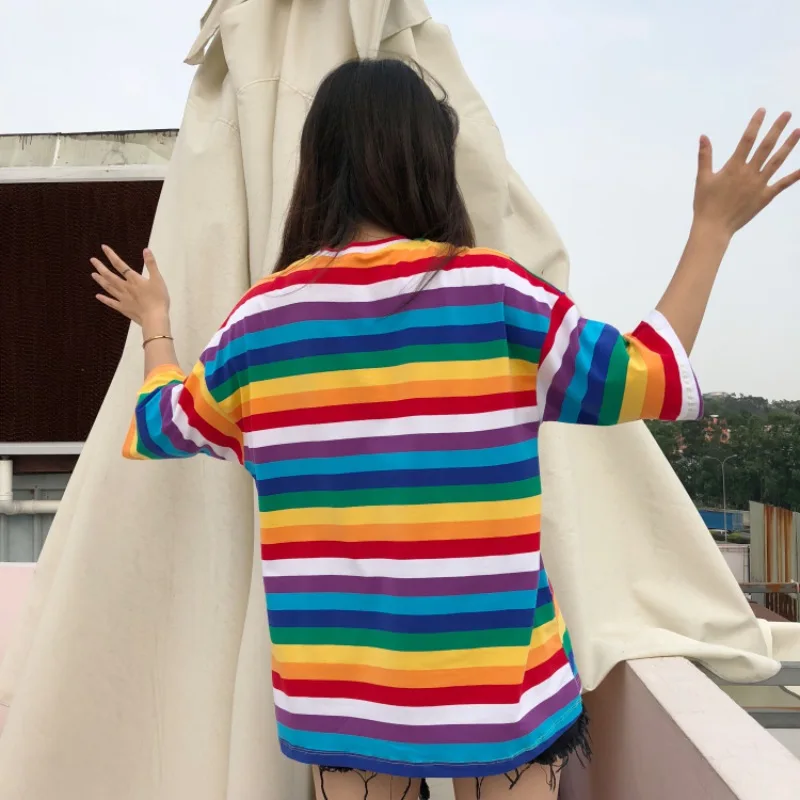 

T Shirt Women Rainbow Striped Tops Harajuku Tshirt Summer Short Sleeve Korean Punk T-shirt camiseta feminina