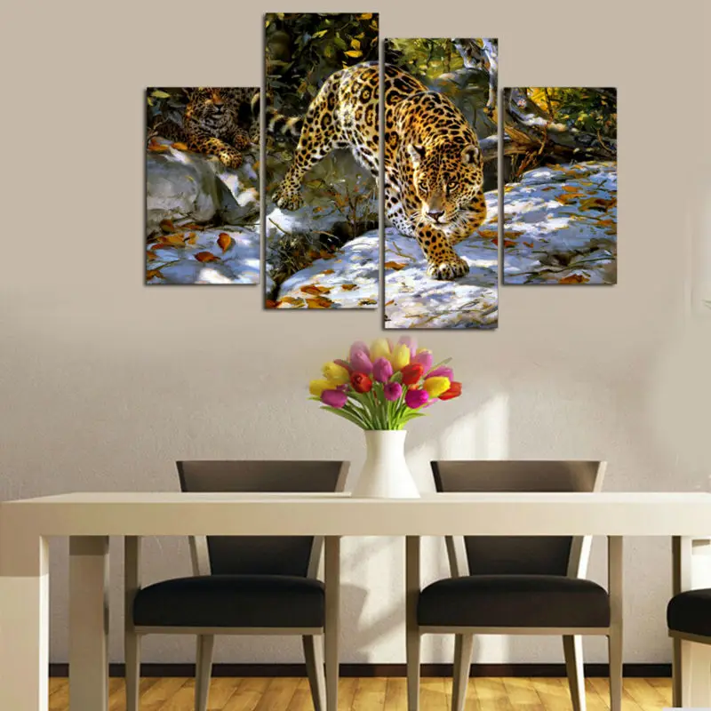 4 панели леопардовая картина Настенная печать на холсте для домашнего декора