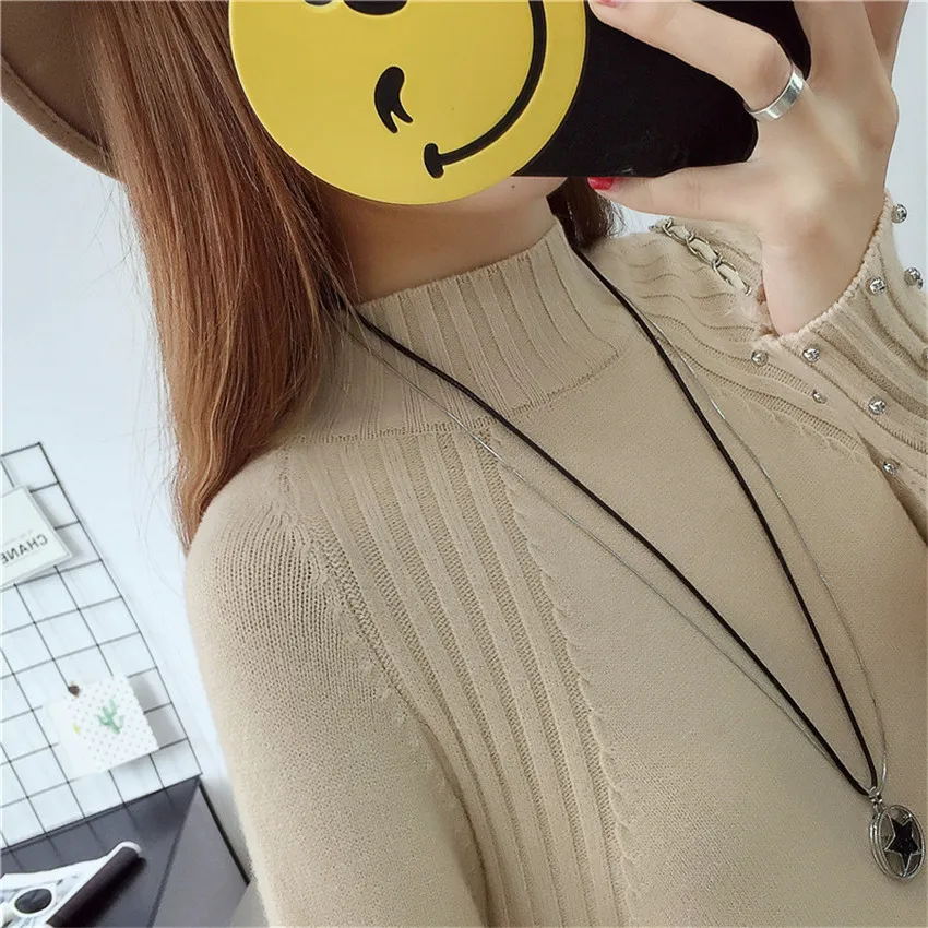 

New Women Turtleneck Sweater Dress Autumn Winter Loose Split Beading Knitted Dresses Lady Pullover Lace Patchwork Vestidos AB605