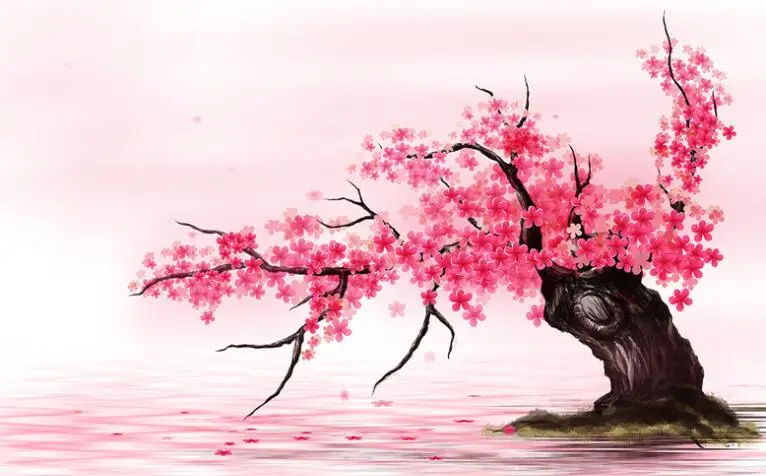 

Pink Romantic Sakura Reflection Large Mural Wallpaper Living Room Bedroom Wallpaper Painting TV Backdrop 3D Wallpaper