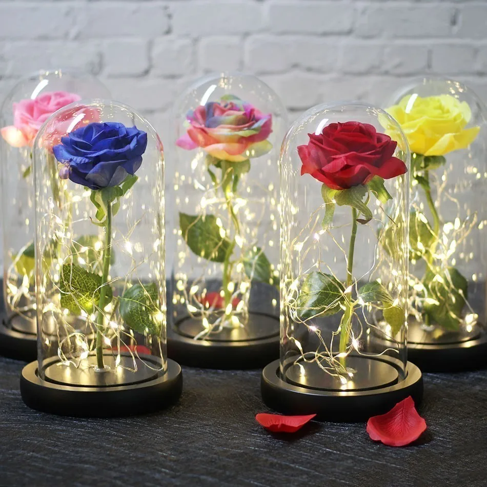 2019 Beauty And The Beast Red Rose With Led Light In Glass Dome For Wedding Party Valentine's Day Gift Mother's Roses | Дом и сад