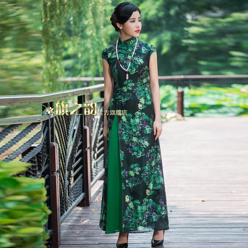 Зеленый Вьетнам аозай китайское традиционное платье qipao длинное Чонсам халат