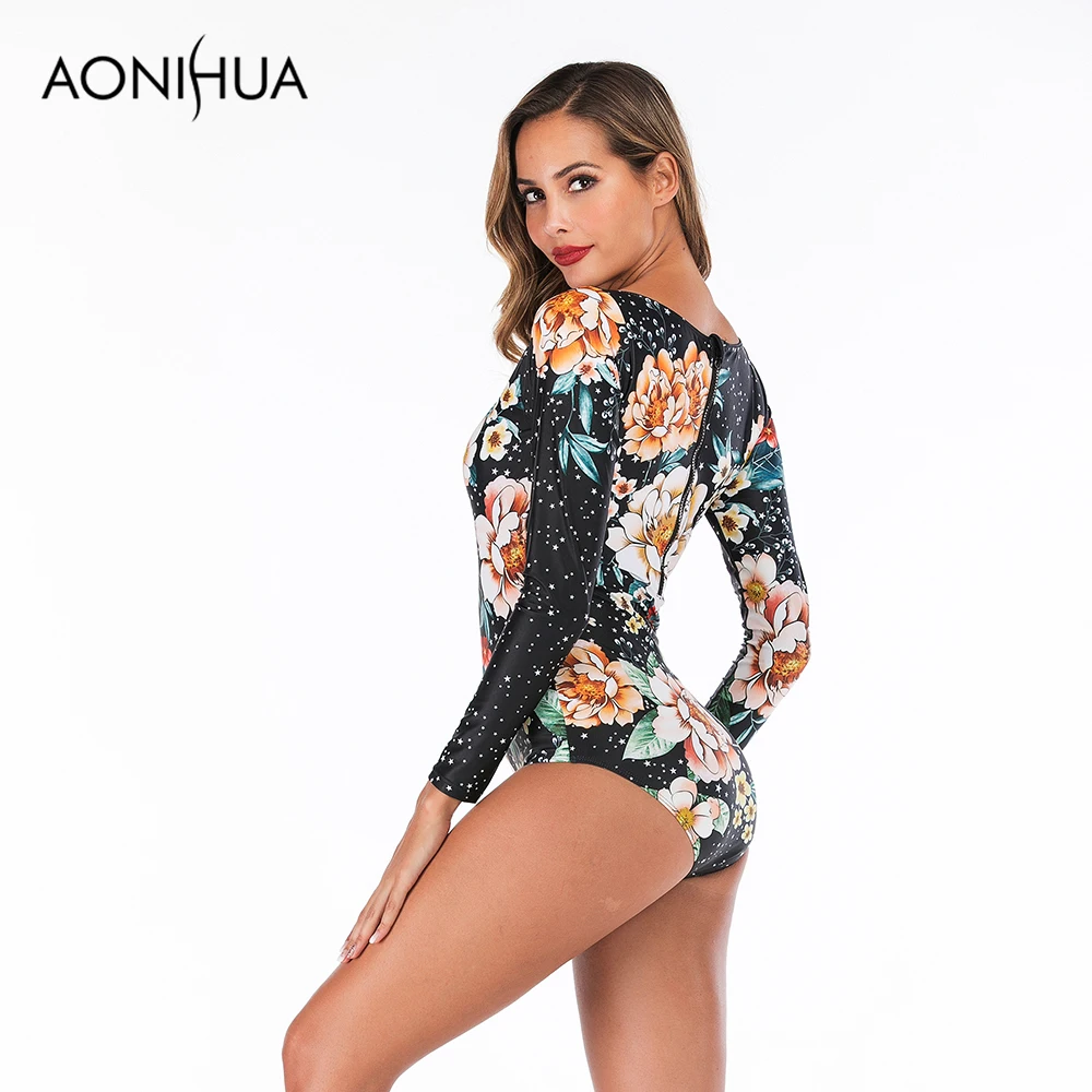 Слитный купальник Aonihua 2019 с цветочным принтом и подушечкой длинным рукавом
