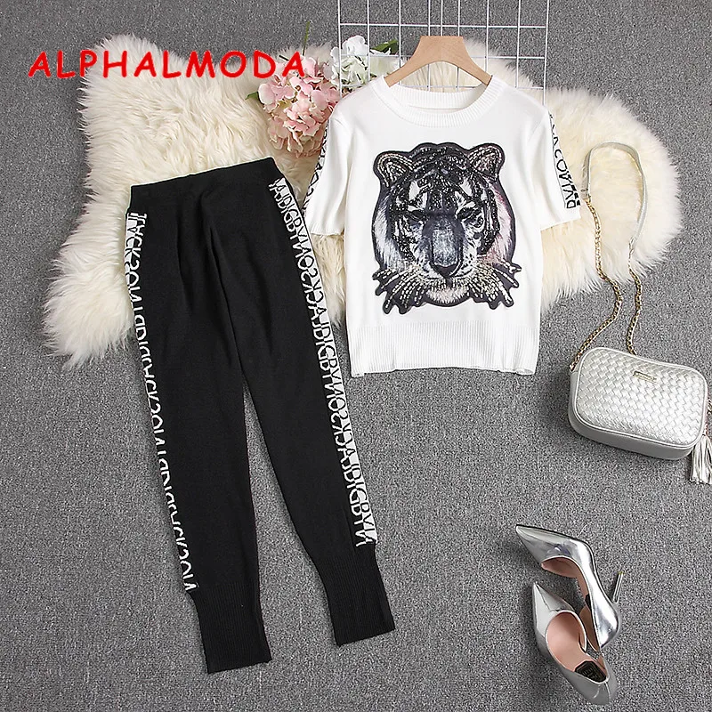 ALPHALMODA, летний трендовый вязаный свитер с тигром+ брюки-карандаш, 2 шт., вязаный костюм для женщин с коротким рукавом, трикотажные спортивные костюмы