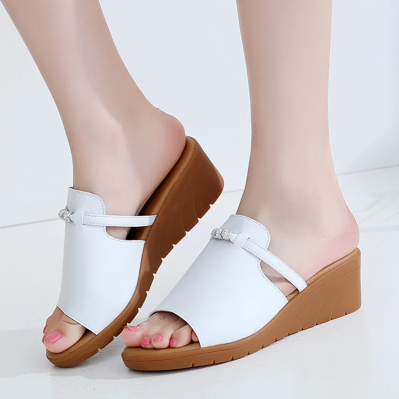 Qiannml Med Heels Women's Wedges Slides Summer Split Leather Shoes 2021 Rhinestone Platform Slippers Woman Plus Size Shoe | Обувь