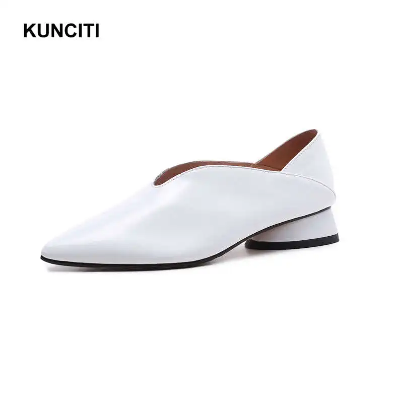 White KUNCITI/; женские Кожаные Мокасины с острым носком; слипоны; женские туфли без задника для беременных; обувь из натуральной кожи на плоской подошве; большие размеры 34-43; G182 - Цвет: White