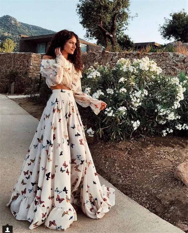 2018 Women Autumn Spring Sexy Print Dress Party Vintage Elegant Casual Fashion White Maxi and Tops Plus Size 2pcs/set | Женская одежда