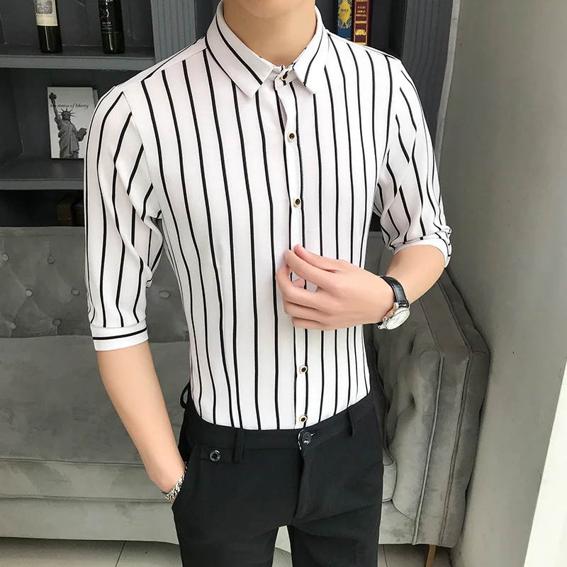 Мужская рубашка мужская в полоску с коротким рукавом весна лето 2019|Повседневные
