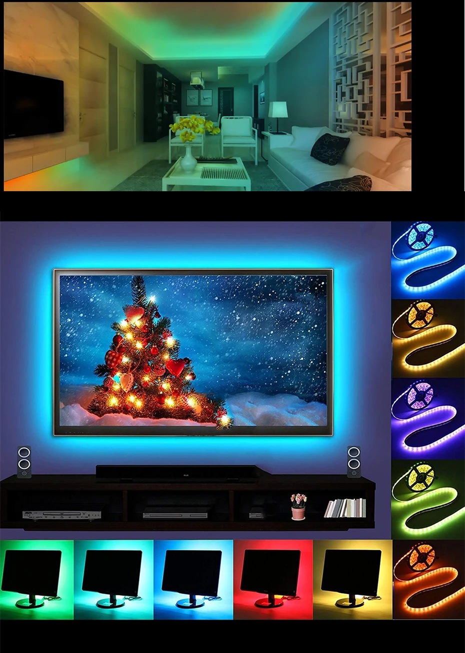 5 В USB Светодиодная лента 5050 RGB ТВ ПОДСВЕТКА 30 светодиодный s/m со звуковым датчиком 20Key RF музыкальный контроллер 50 см 1 м 2 м набор RGB светодиодный лента