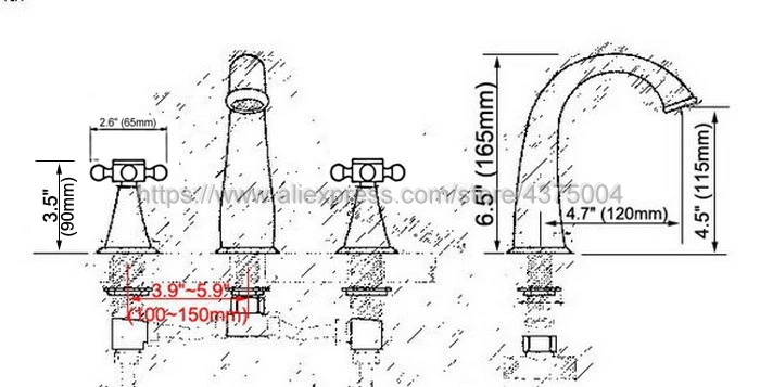 Смеситель для ванной комнаты с 3 отверстиями и двойной ручкой из красной