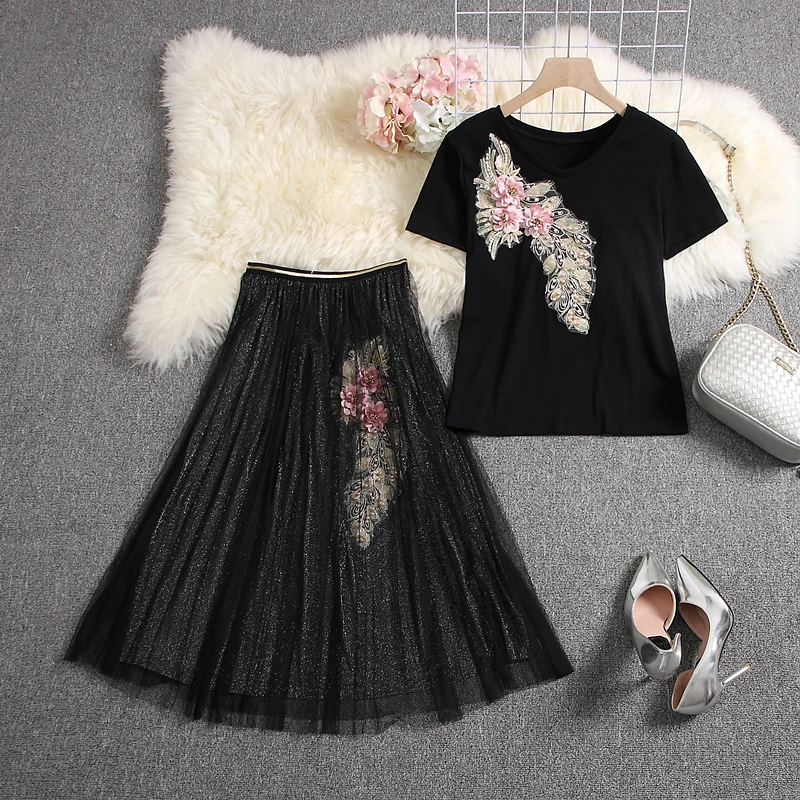 ALPHALMODA, модные футболки с цветочной аппликацией+ юбка до середины икры с цветочным рисунком, женские летние аккуратные модные комплекты с тяжелой юбкой