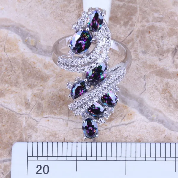 Блестящее Радужное Мистик белое CZ посеребренное кольцо Размер 5 / 6 7 8 9 10 11 12 S0218|ring