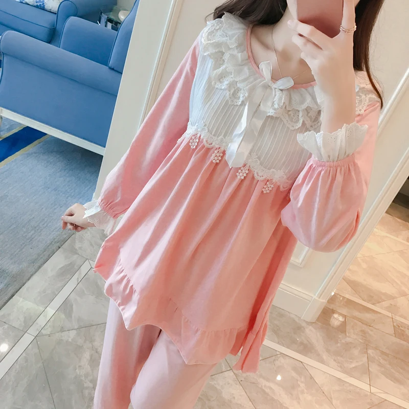 Женские винтажные хлопковые пижамы с длинным рукавом одежда для сна девочек