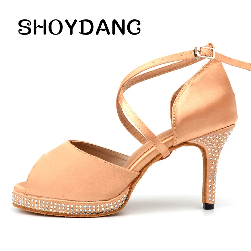 SHOYDANC Dance Shoes Women Latin Apricot/Black Rhinestone Platform Wedding Patry Ballroom | Спорт и развлечения