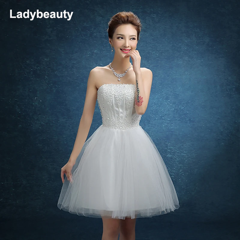 Новинка 2018 белое короткое свадебное платье Ladybeauty для невесты с бисером без