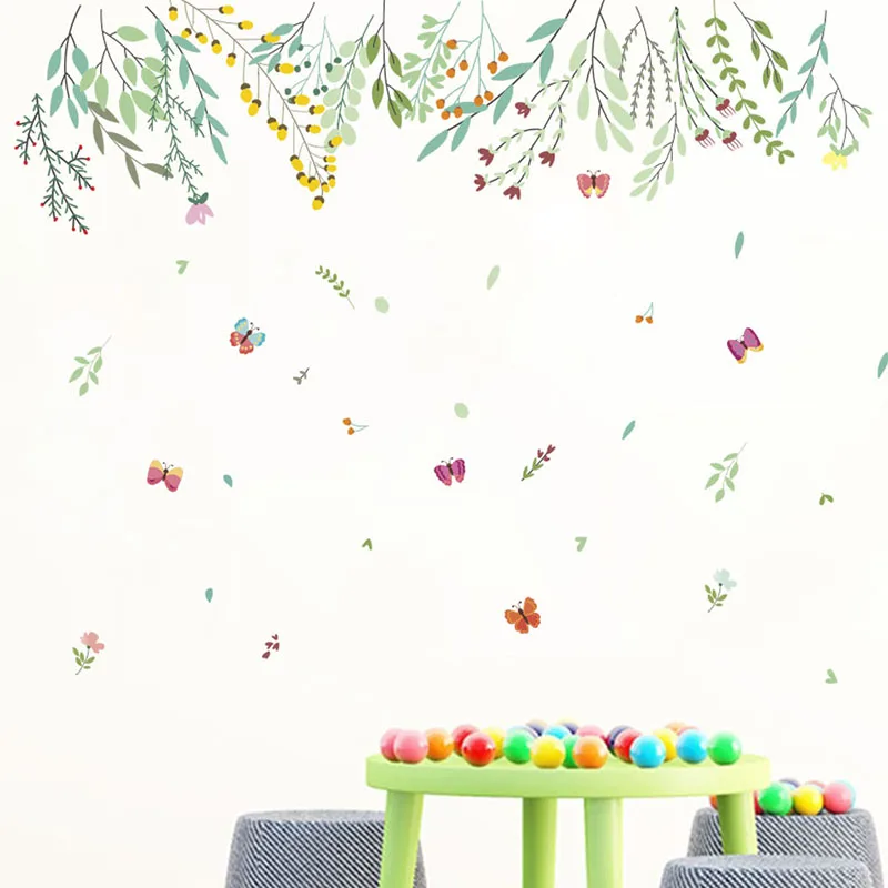 

Green Plant Branch Flower Wall Stickers For Living Room TV Background Decorations Accessories Home Wall Mural PVC DIY Art Decals