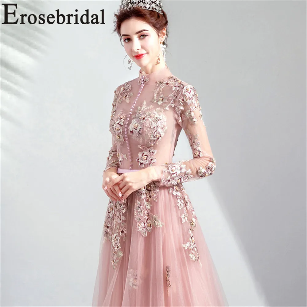 Женское вечернее платье Erosebridal длинное кружевное на кнопках с высоким воротником