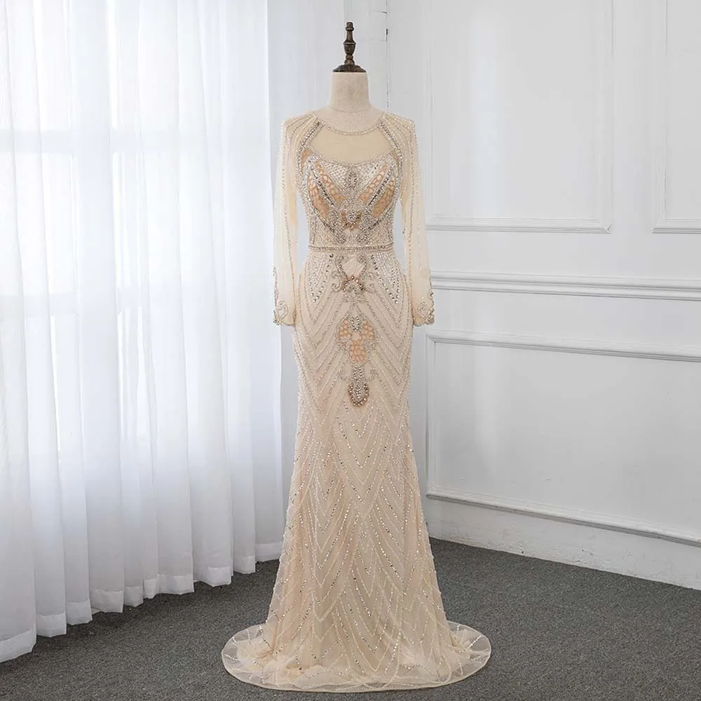 Kopen YQLNNE 2019 Luxe Champagne Strass Avondjurken Lange Mouwen Formele Vrouwen Gown Mermaid Jurk Robe De Soiree