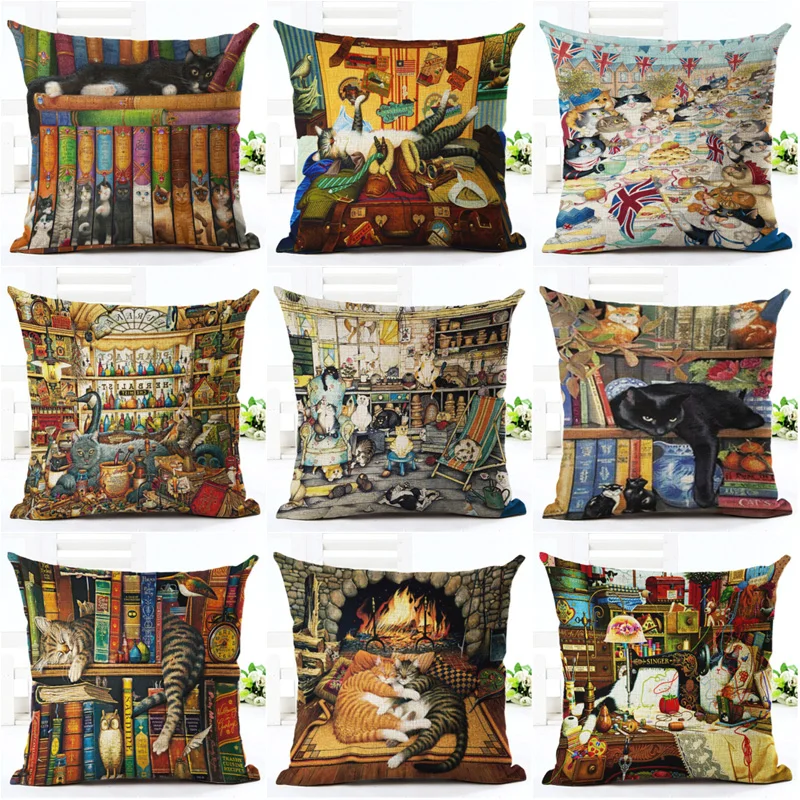 

2018 Pillowcase Cute Cats Group Cushion Cover Cotton Linen Cat Playing Billiards Home Decorative Pillow Cover for Sofa Car