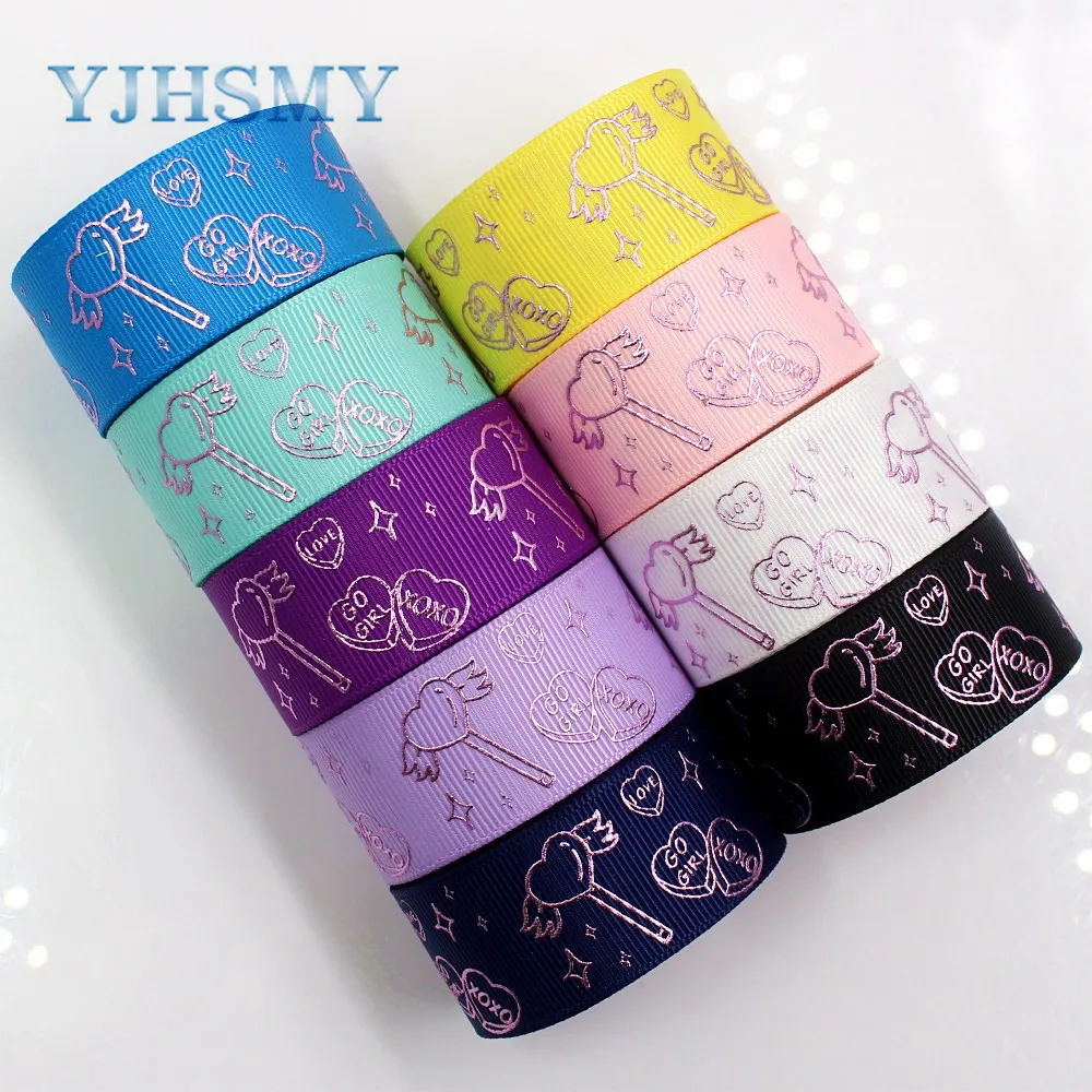 YJHSMY G 18808 892 25 мм 10 ярдов Лазерная Серебряная Любовь Печать grosgrain лента DIY головной