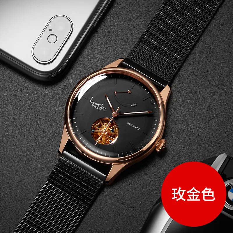 Rose gold-mesh Bestdon часы мужские с "летящим" турбийоном автоматические механические синие часы мужские Потрясающие эксклюзивный дизайн Швейцария люксовый бренд - Цвет: Rose gold-mesh