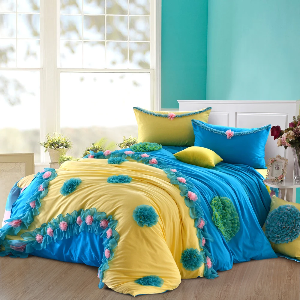 Free Ship Home Textile Princess Lace Ruffle Bedding Set Blue Pink Yellow Sets Queen King Bed 4Pcs Wedding Cover | Дом и сад
