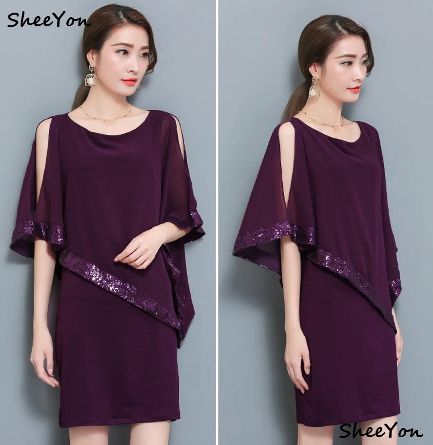 Платье с пайетками в стиле пэчворк bat рукава Свободные Тонкий шифон 2018 женские