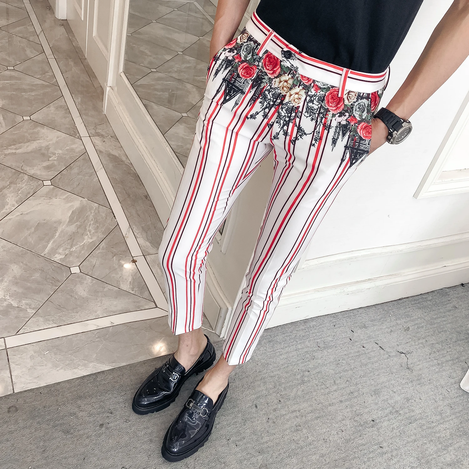 Брюки с цветочным принтом мужские модные Pantalon Homme Slim Fit вечернее платье 2019 брюки