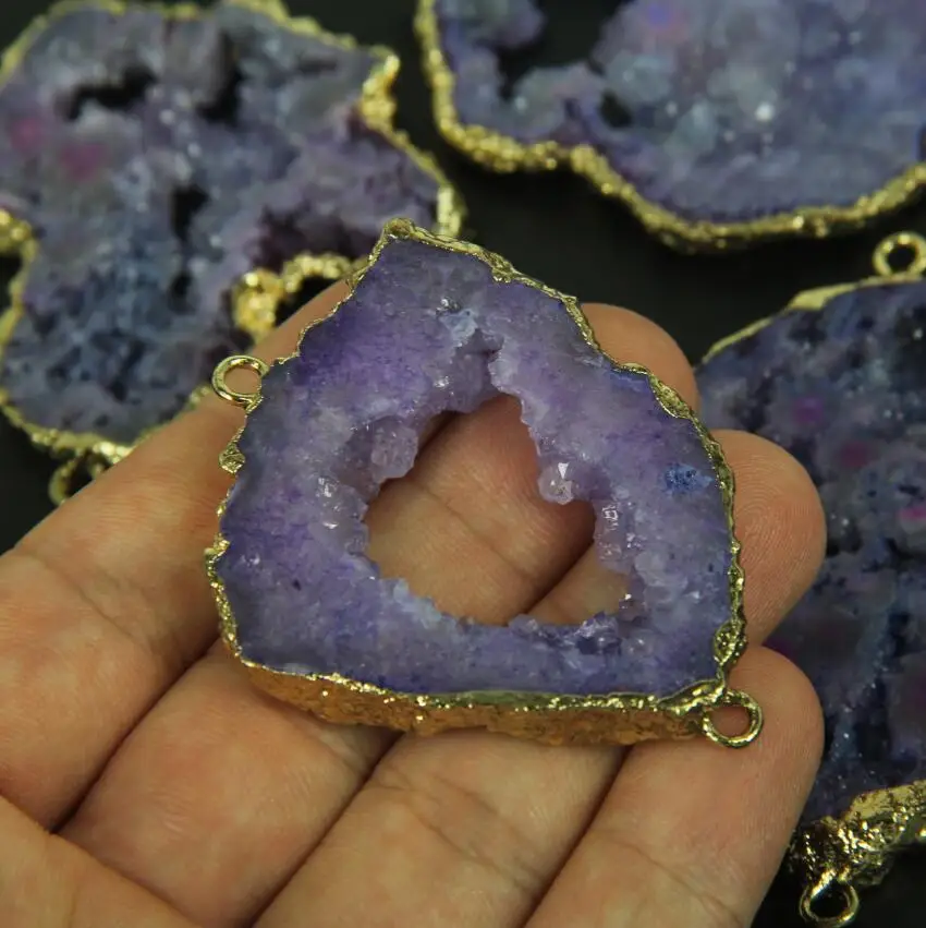 Оптовая продажа фиолетовая друзовая плита бусины соединители покрытые золотом