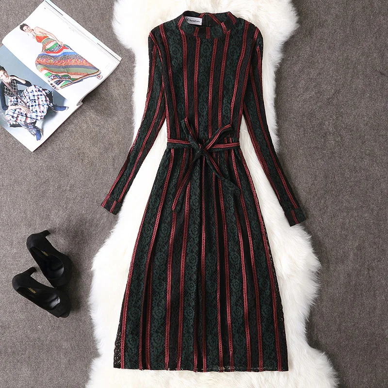 New 2018 Spring Autumn Vintage Dress Women Slim Patchwork Lace Long Robe Fashion Ladies Sleeved Casual Office Dresses | Женская одежда