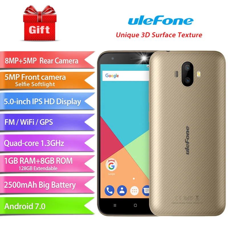 Ulefone S7 двойной камеры Android 7 0 мобильный телефон 5 дюймов 1 ГБ Оперативная память 8