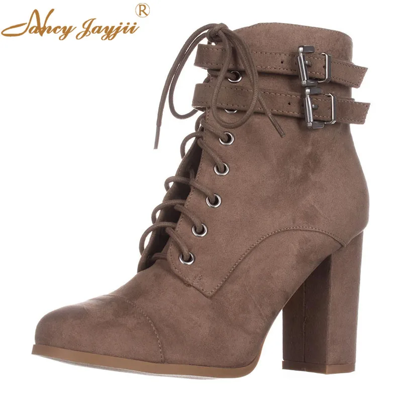 

Nancyjayjii 2 Buckle Lace Up Women’S Novelty Ankle Boots Brown Flock Zipper Super High Chunky Heels Woman’S Winter Booties Shoes