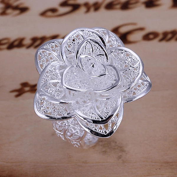 Серебряные кольца 925 Открытое кольцо с 3D цветком розы ПЕРФОРИРОВАННОЕ