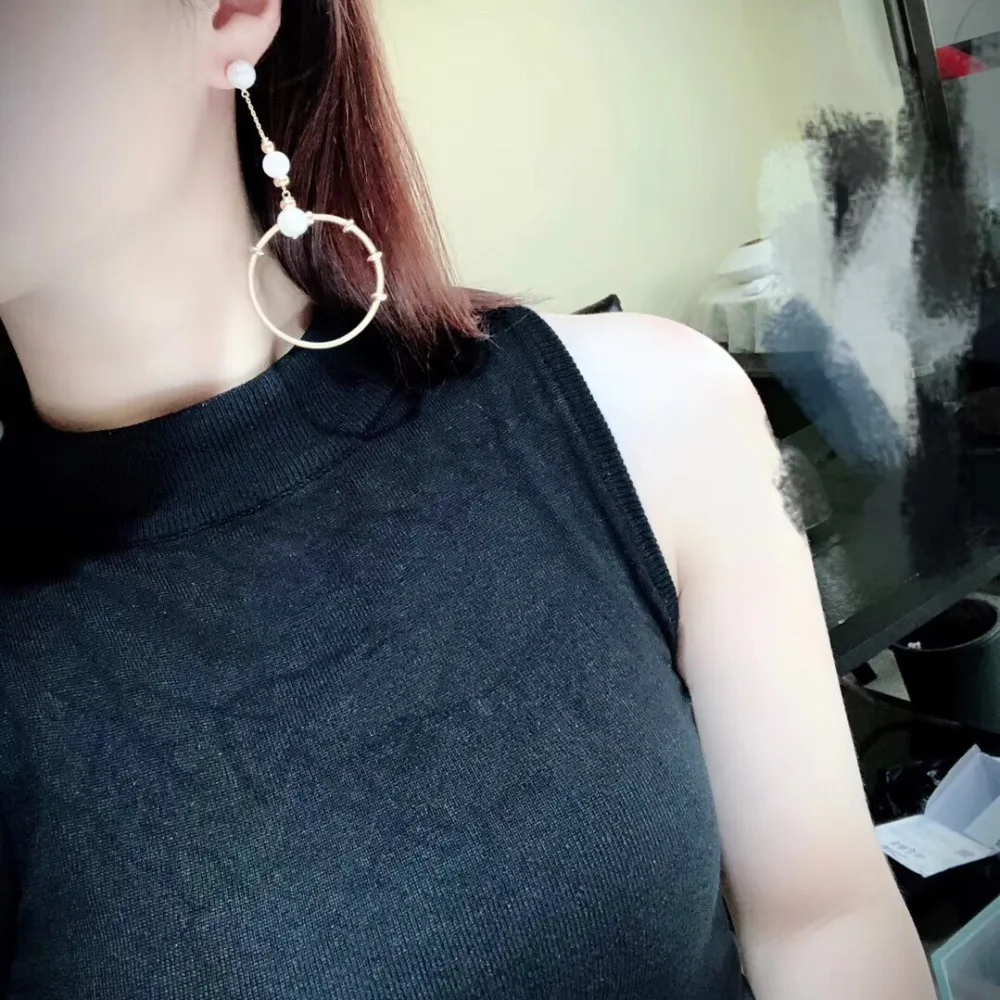 ANI 14K Roll Gold Handmade Women Drop Earring Natural Freshwater White Pearl Long Gold Earring Dangle brincos para as mulheres