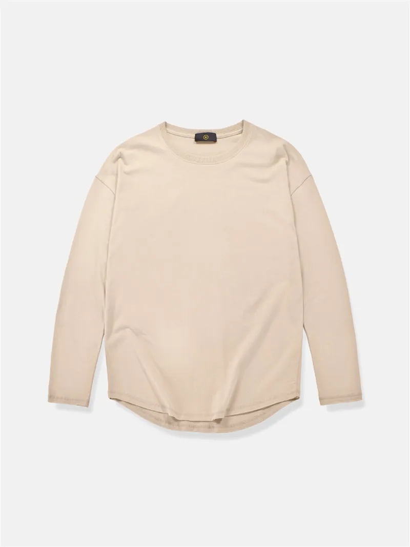 beige Темный значок изогнутый подол сплошной цвет High Street футболка мужская с длинным рукавом городская мода мужские футболки Базовая удлиненная футболка с длинным рукавом - Цвет: beige