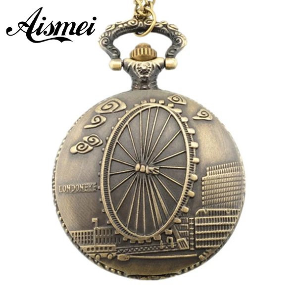 25pcs/lot Vintage Brown London Eye Ferris Wheel Pocket Watch Necklace wholesale send by EMS or DHL