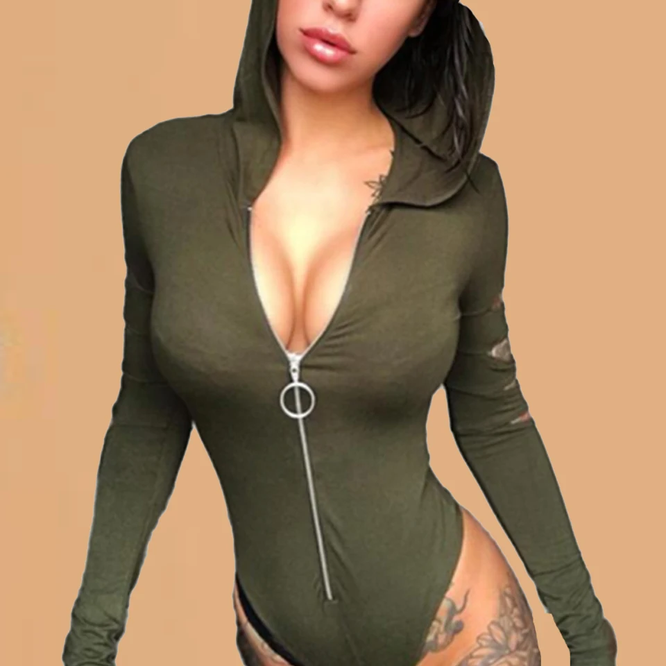 Армейский зеленый Боди стринги высоким вырезом комбинезон застежка молния боди