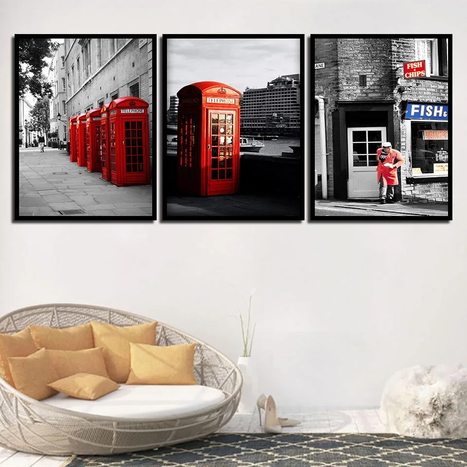 

Landscape City Red Telephone Booth Nordic Canvas Paintings Modern Living Room Wall Decor Posters Printing Creative Pictures Art