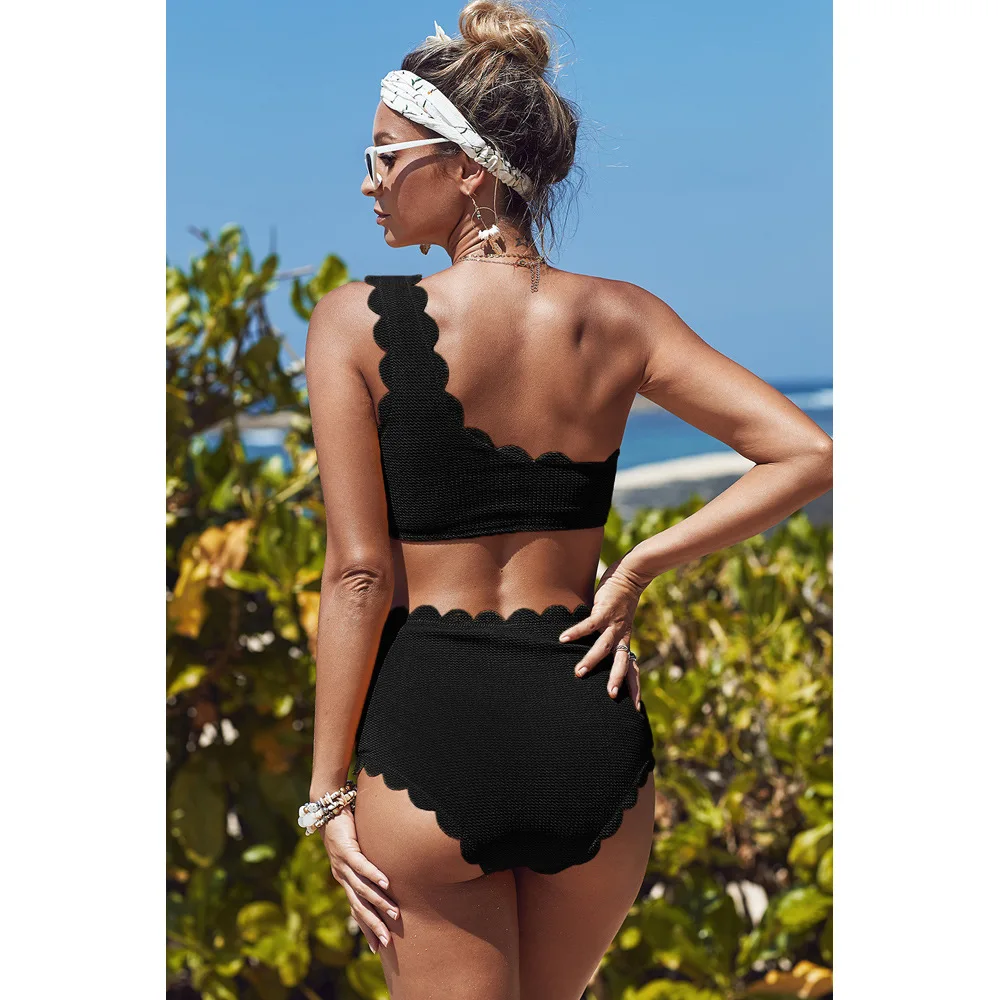 Купальник женский с одним плечиком косой воротник волнистый высокой талией